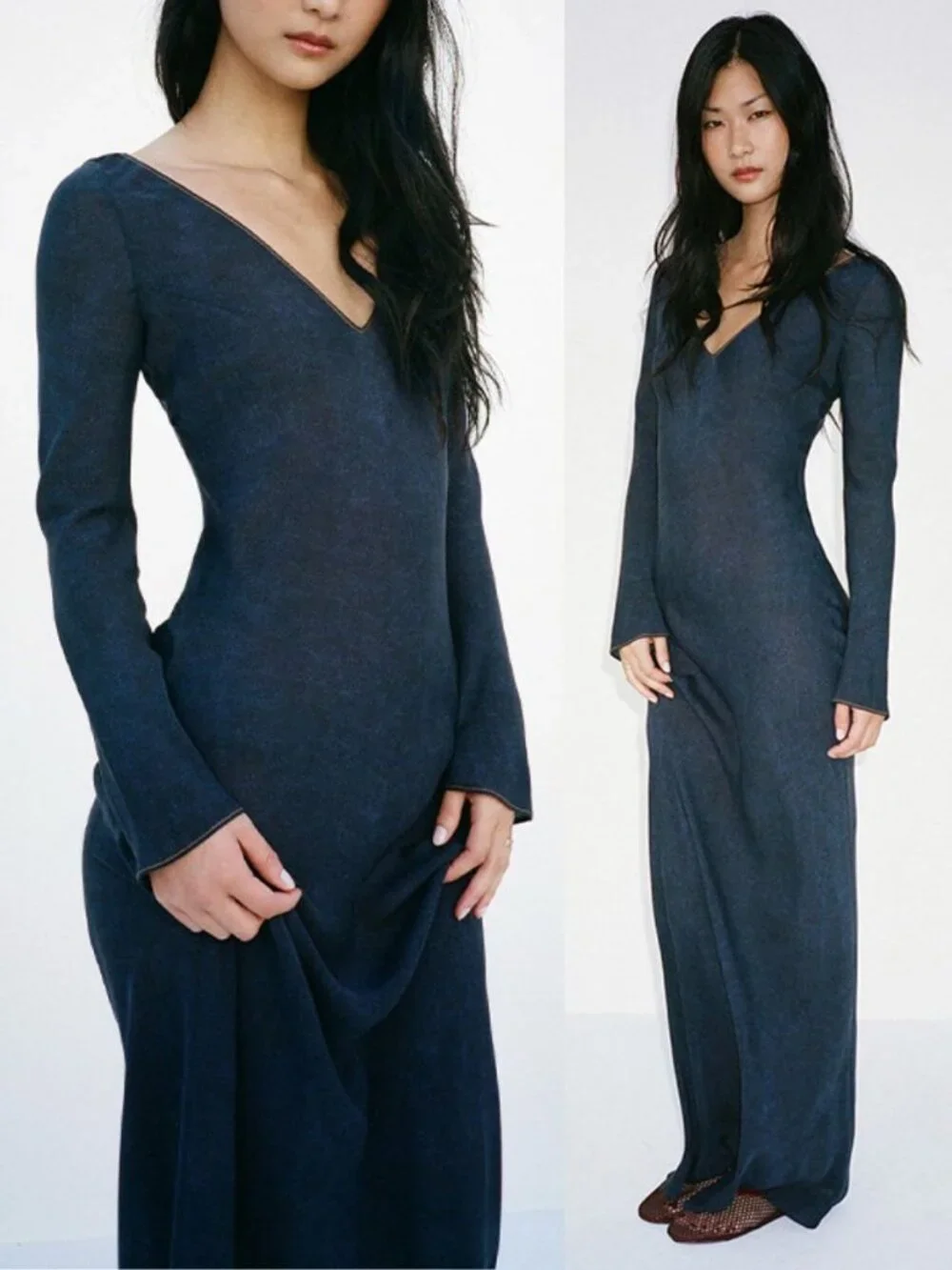 Realisation Par The Odilia Dress Dark Denim Blue Long Sleeve Silk Maxi Size XS